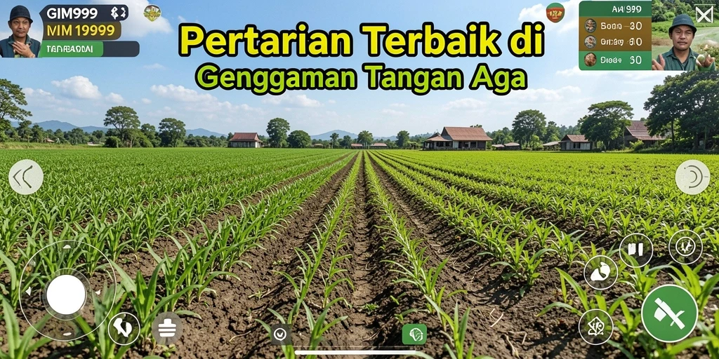 Tampilan gameplay GIM999 dengan pertanian yang subur dan hewan ternak.