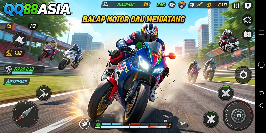 Tangkapan layar gameplay QQ88ASIA menampilkan aksi balap motor yang mendebarkan.
