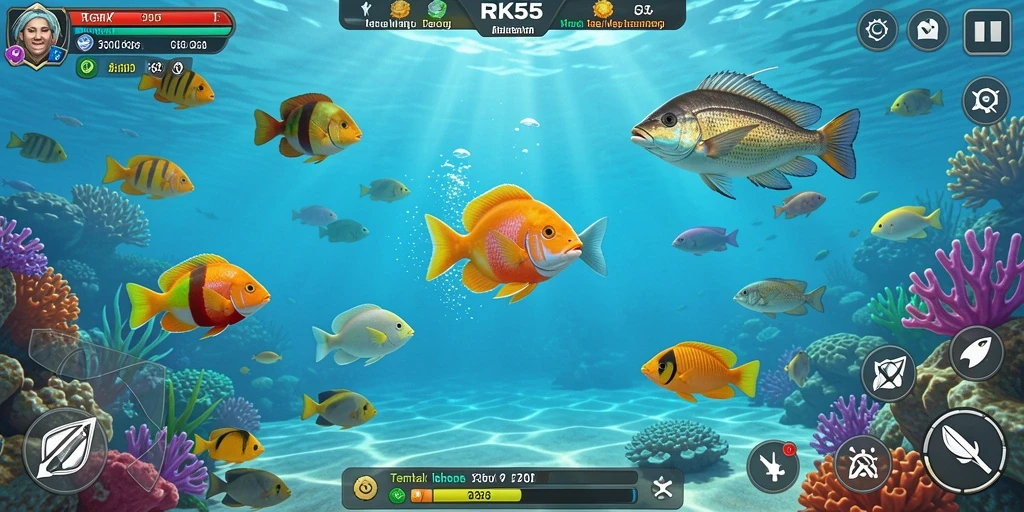 Screenshot utama RK55 menampilkan aksi menembak ikan yang seru.