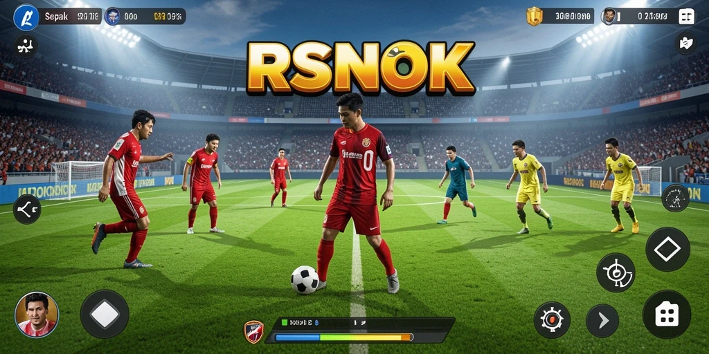 Screenshot gameplay RSNOK yang menunjukkan suasana pertandingan sepak bola yang mengasyikkan.