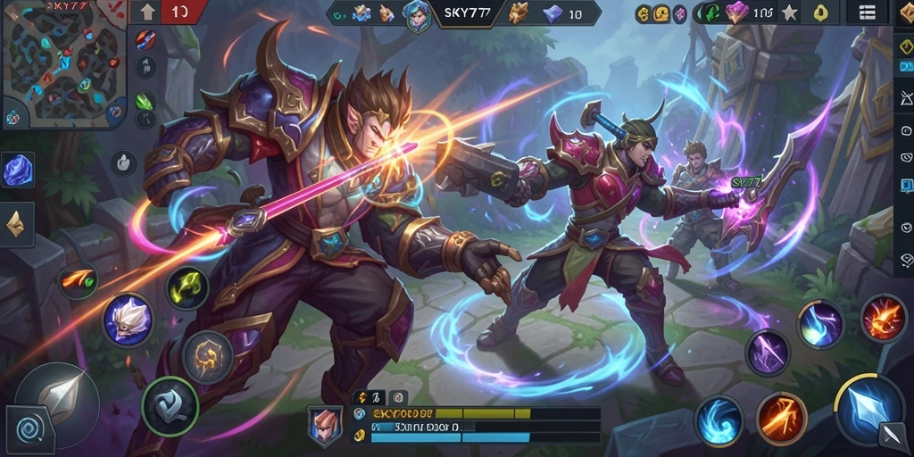Tampilan mendebarkan dari gameplay MOBA di SKY77.